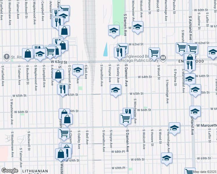 map of restaurants, bars, coffee shops, grocery stores, and more near 6432 South Hoyne Avenue in Chicago