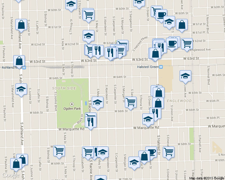 map of restaurants, bars, coffee shops, grocery stores, and more near 6444 South Carpenter Street in Chicago