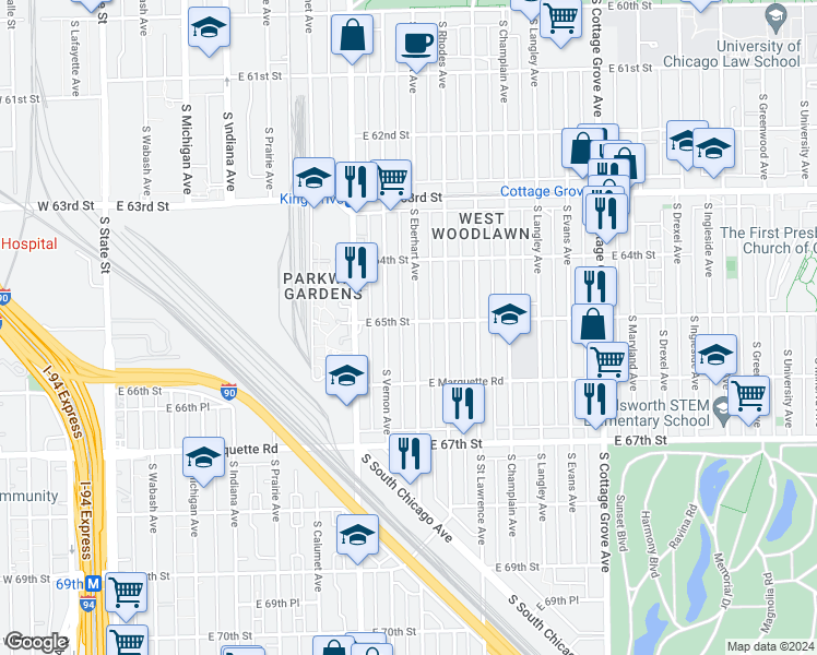 map of restaurants, bars, coffee shops, grocery stores, and more near 6500 South Eberhart Avenue in Chicago
