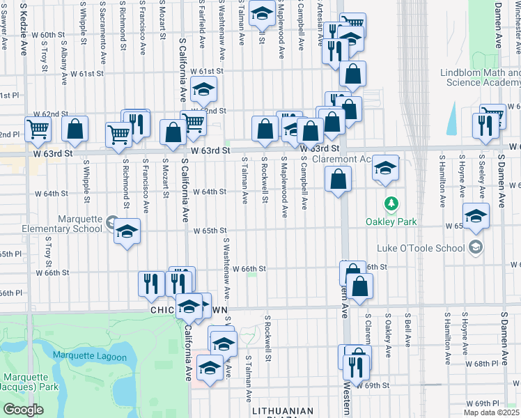 map of restaurants, bars, coffee shops, grocery stores, and more near 6424 South Rockwell Street in Chicago
