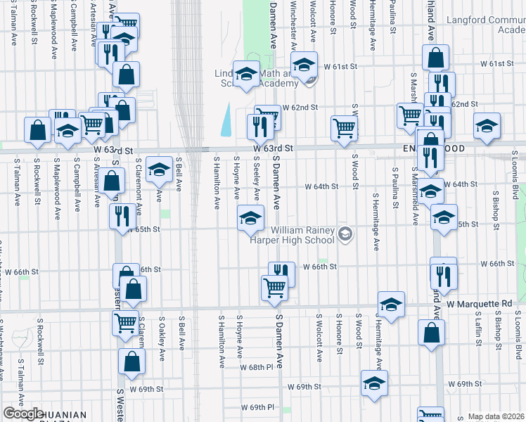 map of restaurants, bars, coffee shops, grocery stores, and more near 6435 South Seeley Avenue in Chicago