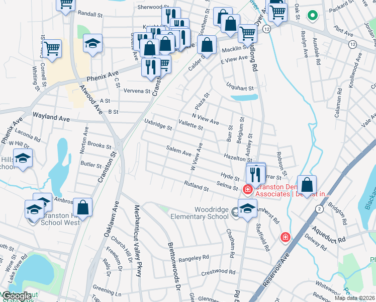 map of restaurants, bars, coffee shops, grocery stores, and more near 99 Salem Avenue in Cranston