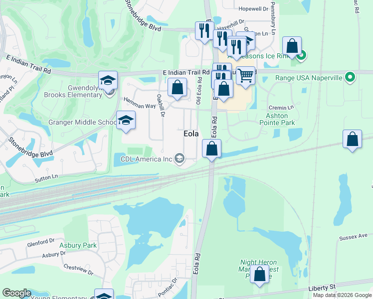 map of restaurants, bars, coffee shops, grocery stores, and more near 65363 4th Street in Aurora