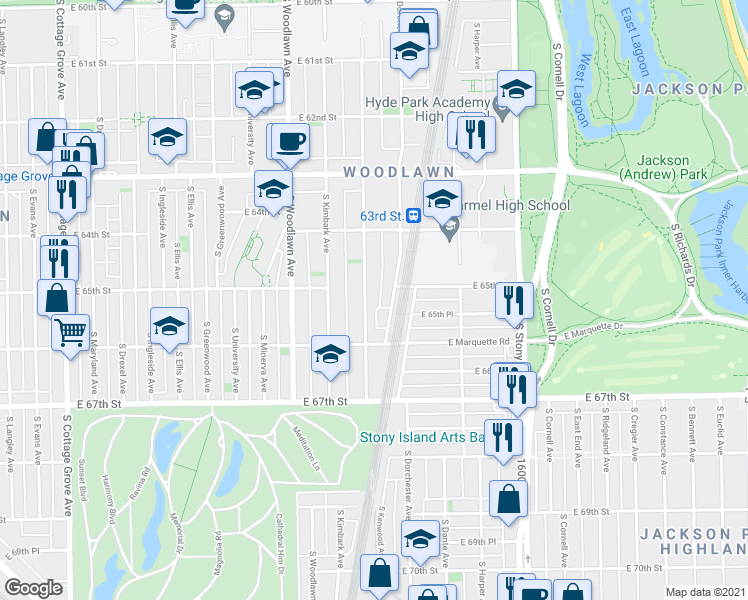 map of restaurants, bars, coffee shops, grocery stores, and more near 6511 S Kenwood Ave in Chicago