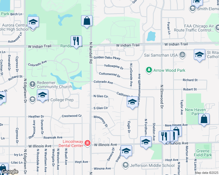 map of restaurants, bars, coffee shops, grocery stores, and more near 1295 California Avenue in Aurora