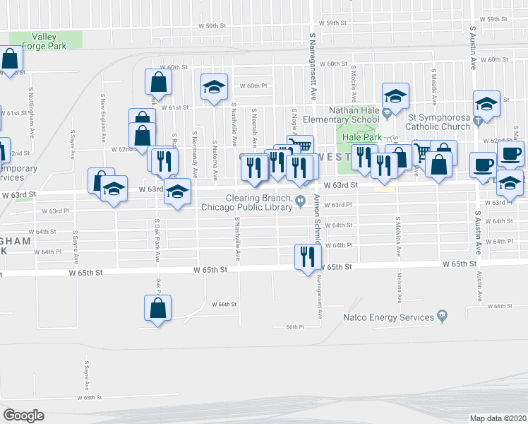 map of restaurants, bars, coffee shops, grocery stores, and more near 6519 West 63rd Place in Chicago