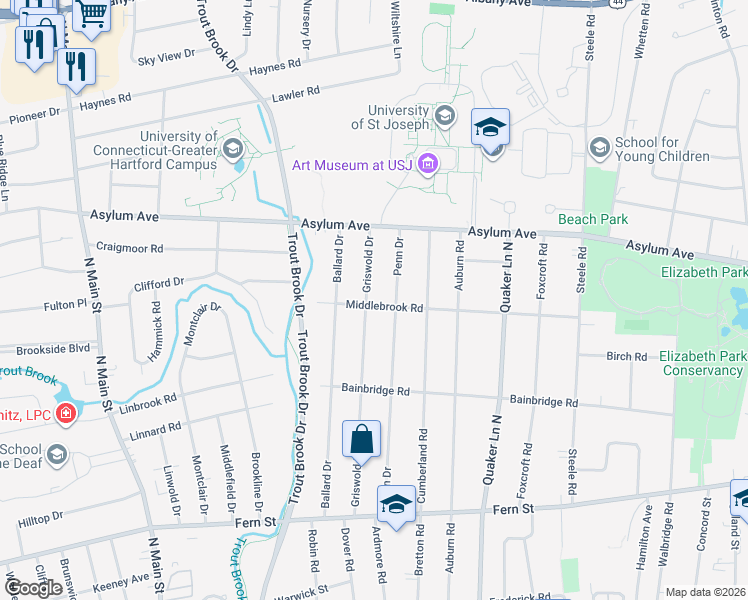 map of restaurants, bars, coffee shops, grocery stores, and more near 96 Middlebrook Road in West Hartford