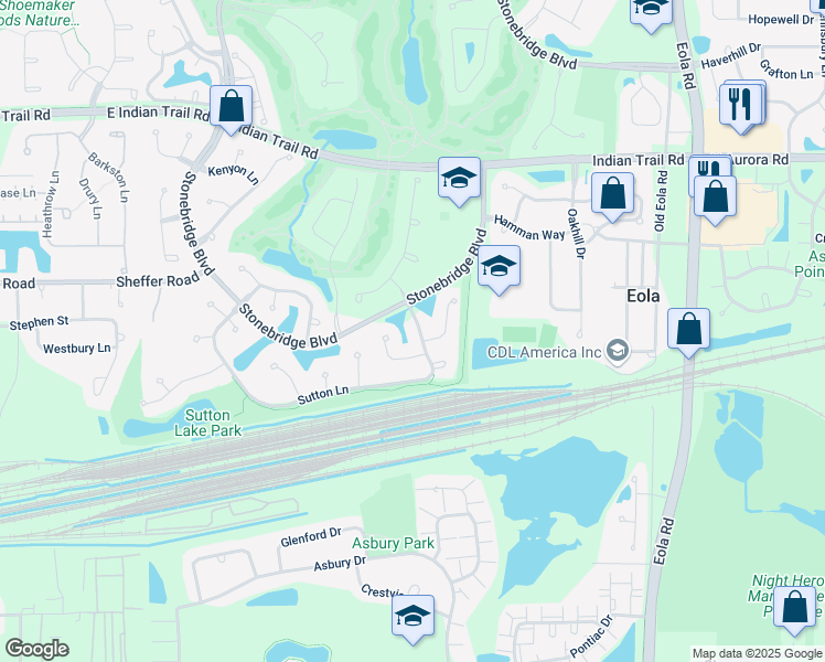 map of restaurants, bars, coffee shops, grocery stores, and more near 2518 Danhaven Court in Aurora