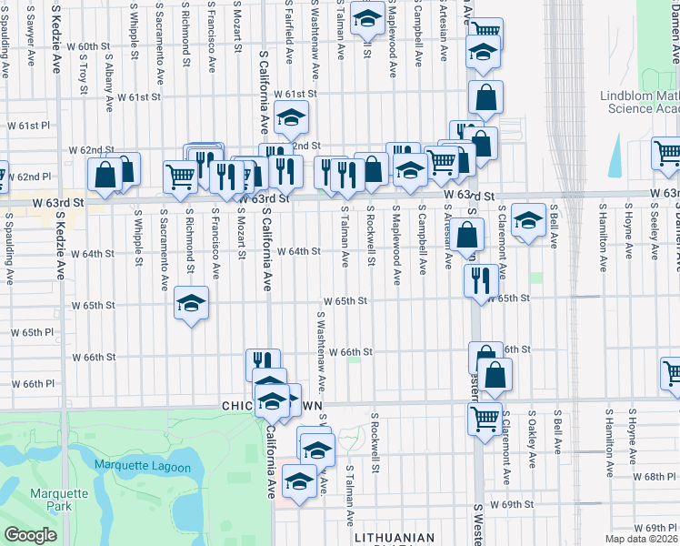 map of restaurants, bars, coffee shops, grocery stores, and more near 6426 South Talman Avenue in Chicago