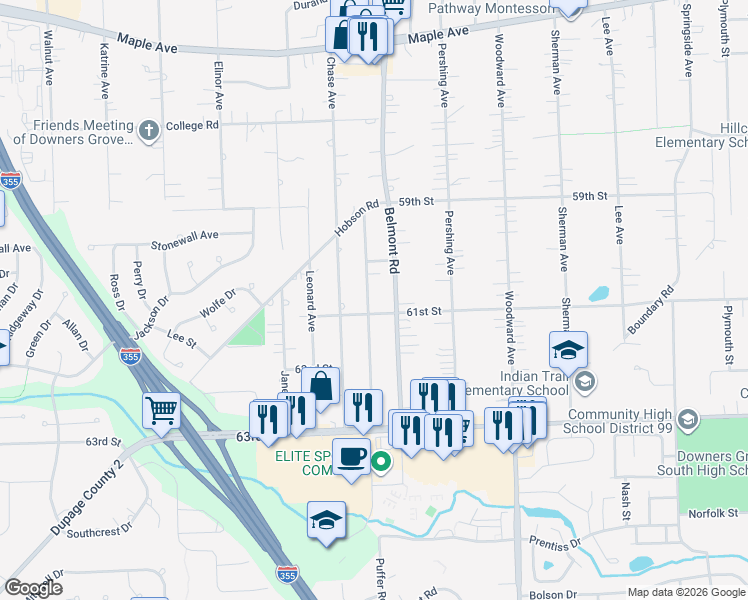 map of restaurants, bars, coffee shops, grocery stores, and more near 6093 Puffer Road in Downers Grove