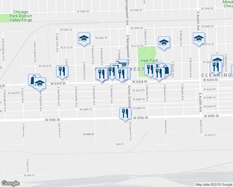 map of restaurants, bars, coffee shops, grocery stores, and more near 6447 West 63rd Place in Chicago