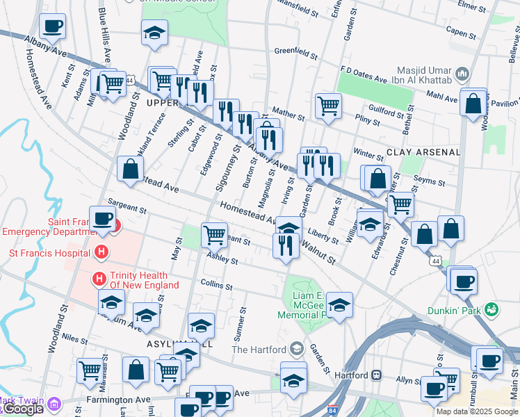 map of restaurants, bars, coffee shops, grocery stores, and more near 12 Magnolia Street in Hartford