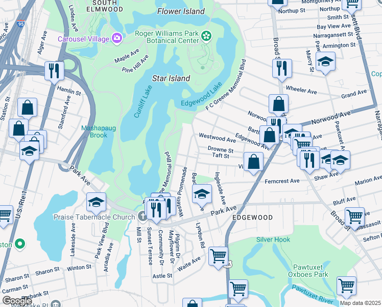 map of restaurants, bars, coffee shops, grocery stores, and more near 148 Western Promenade in Cranston