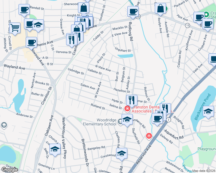 map of restaurants, bars, coffee shops, grocery stores, and more near 79 Hazelton Street in Cranston
