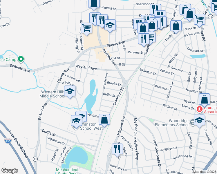 map of restaurants, bars, coffee shops, grocery stores, and more near 53 Blaine Street in Cranston