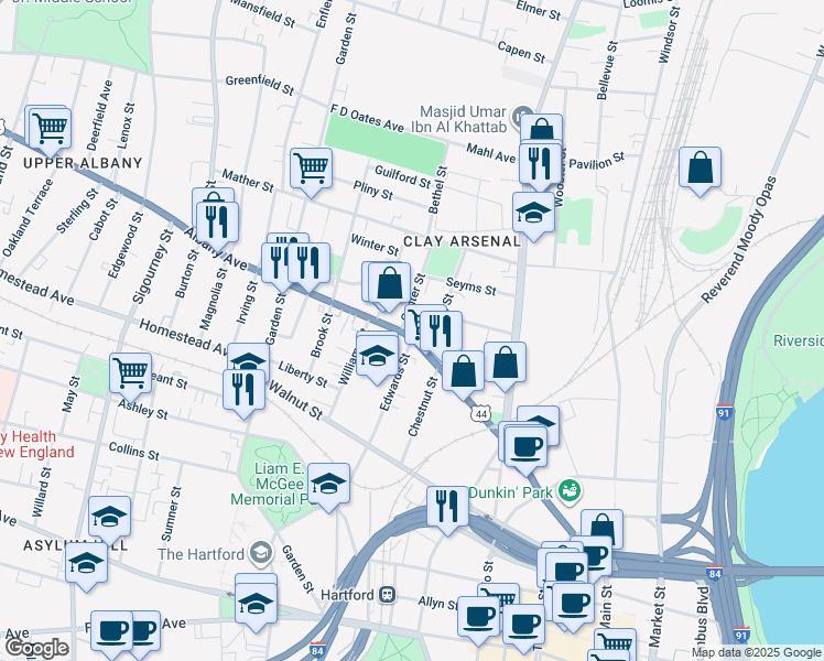 map of restaurants, bars, coffee shops, grocery stores, and more near 258 Albany Avenue in Hartford