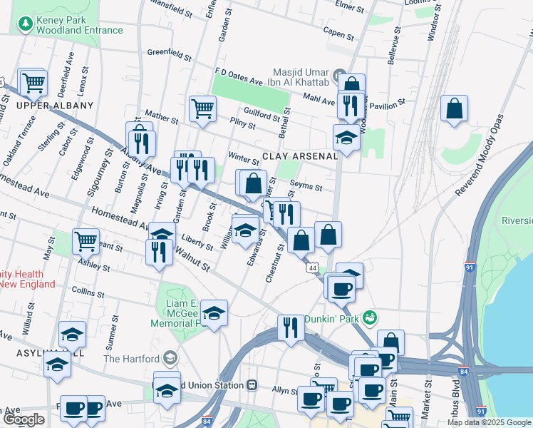 map of restaurants, bars, coffee shops, grocery stores, and more near 258 Albany Avenue in Hartford