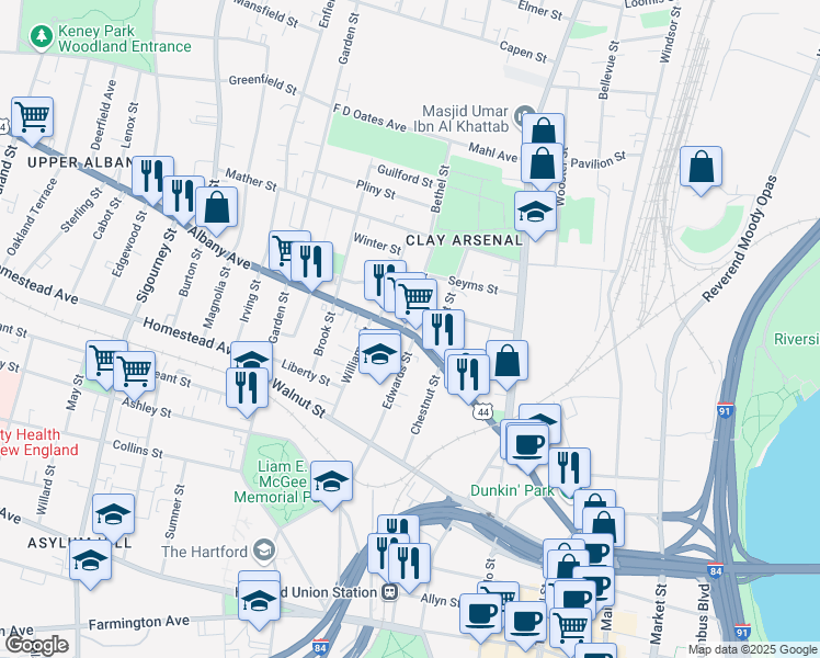 map of restaurants, bars, coffee shops, grocery stores, and more near 258 Albany Avenue in Hartford