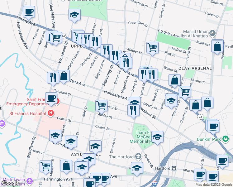 map of restaurants, bars, coffee shops, grocery stores, and more near 4 Burton Street in Hartford