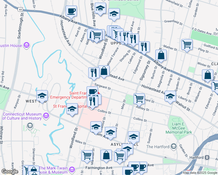 map of restaurants, bars, coffee shops, grocery stores, and more near 264 Sargeant Street in Hartford