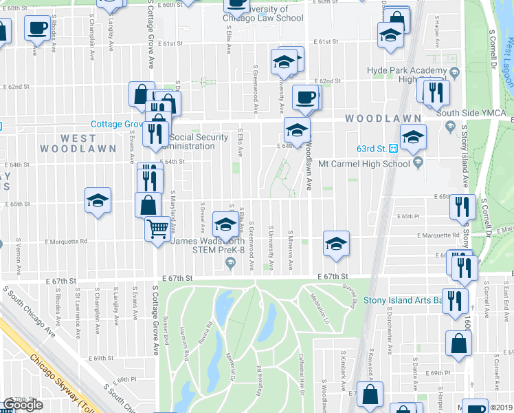map of restaurants, bars, coffee shops, grocery stores, and more near 6506 South Greenwood Avenue in Chicago