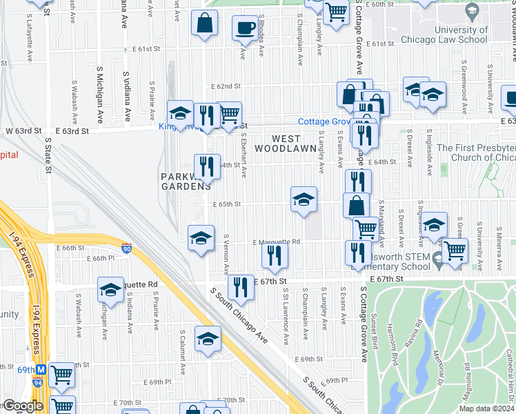 map of restaurants, bars, coffee shops, grocery stores, and more near 6502 South Rhodes Avenue in Chicago