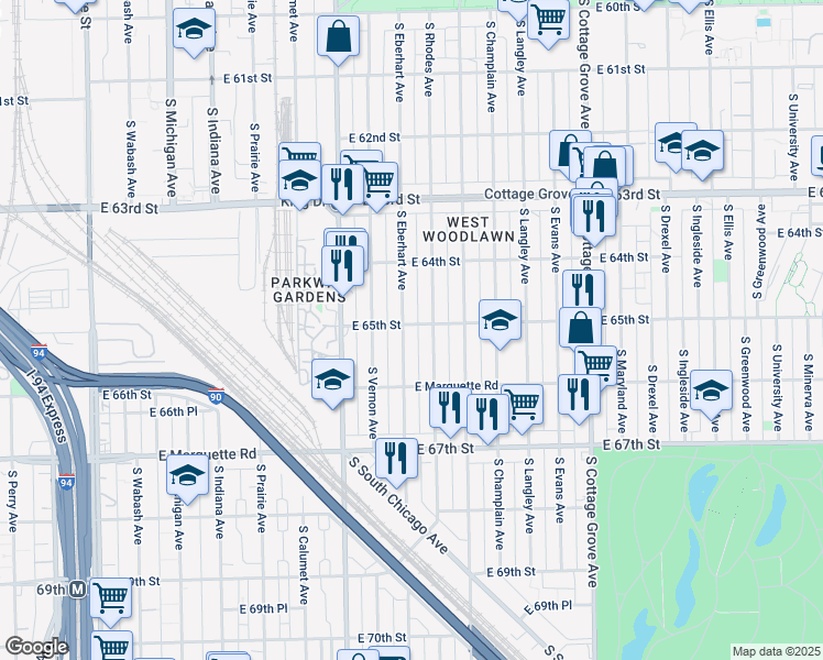 map of restaurants, bars, coffee shops, grocery stores, and more near 6500 South Eberhart Avenue in Chicago