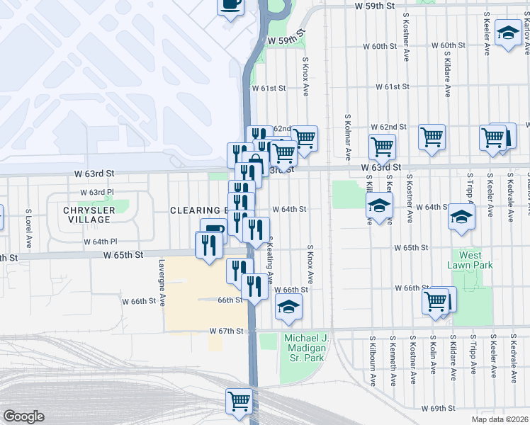 map of restaurants, bars, coffee shops, grocery stores, and more near 6404 South Keating Avenue in Chicago