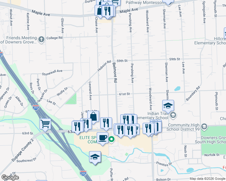 map of restaurants, bars, coffee shops, grocery stores, and more near 6093 Puffer Road in Downers Grove