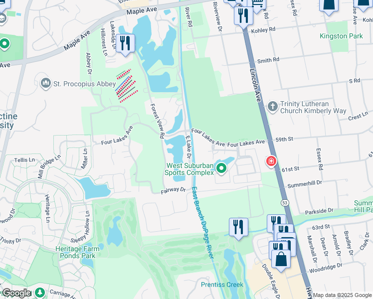 map of restaurants, bars, coffee shops, grocery stores, and more near 6002 East Lake Drive in Lisle