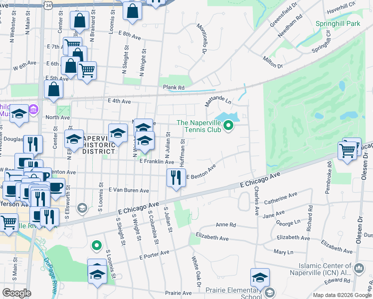 map of restaurants, bars, coffee shops, grocery stores, and more near in Naperville
