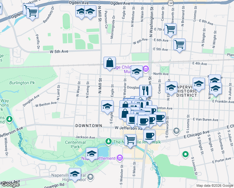 map of restaurants, bars, coffee shops, grocery stores, and more near 227 West Franklin Avenue in Naperville