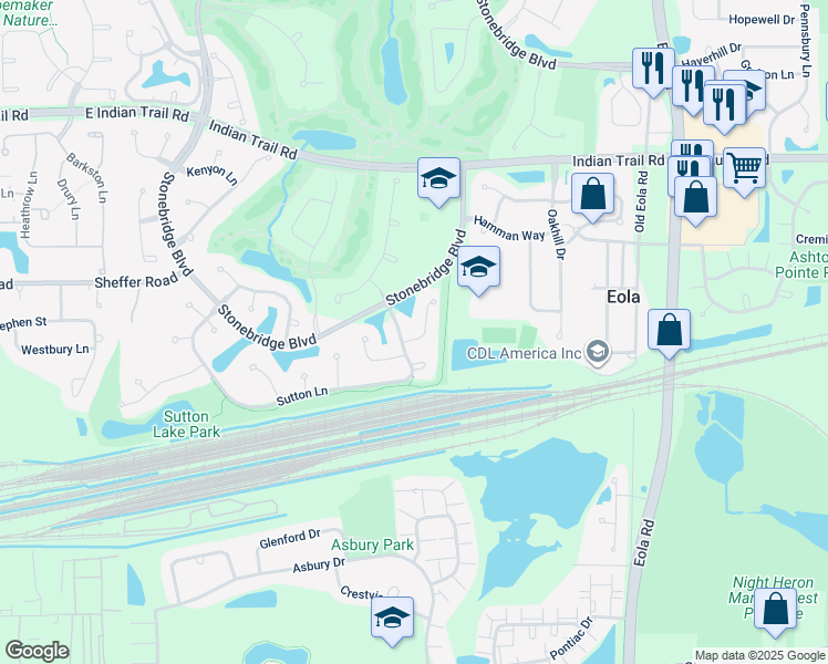 map of restaurants, bars, coffee shops, grocery stores, and more near 2570 Chasewood Court in Aurora