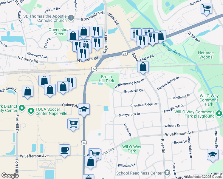 map of restaurants, bars, coffee shops, grocery stores, and more near 201 North Whispering Hills Drive in Naperville