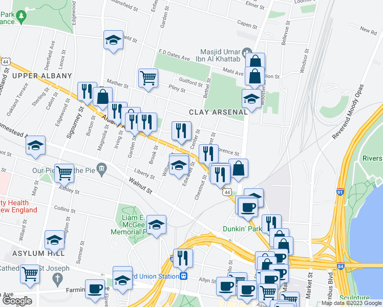 map of restaurants, bars, coffee shops, grocery stores, and more near 258 Albany Avenue in Hartford