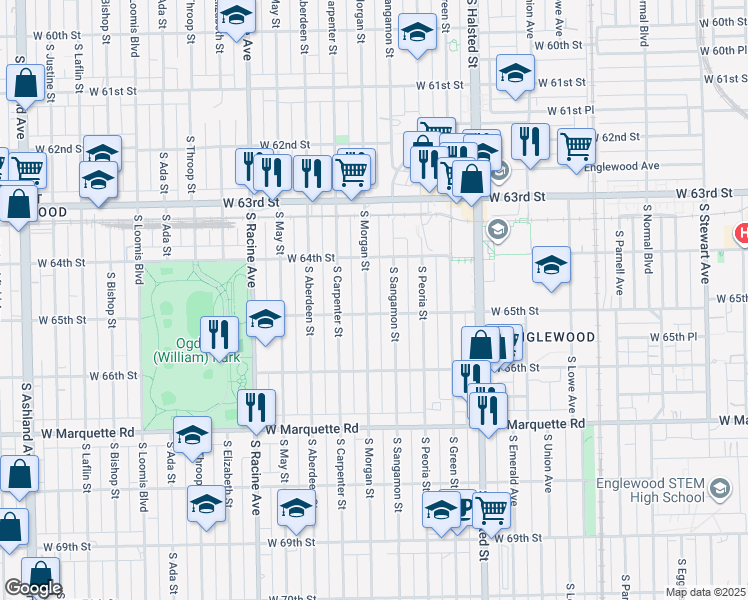 map of restaurants, bars, coffee shops, grocery stores, and more near 6447 South Morgan Street in Chicago