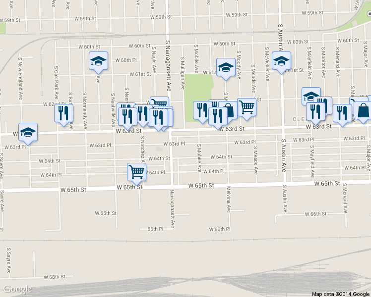 map of restaurants, bars, coffee shops, grocery stores, and more near 6329 W 63rd Pl in Chicago
