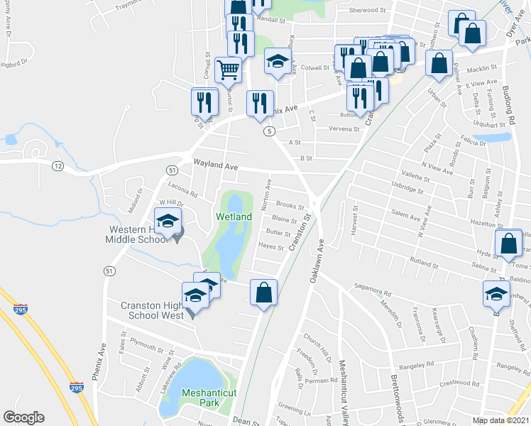 map of restaurants, bars, coffee shops, grocery stores, and more near 53 Blaine Street in Cranston