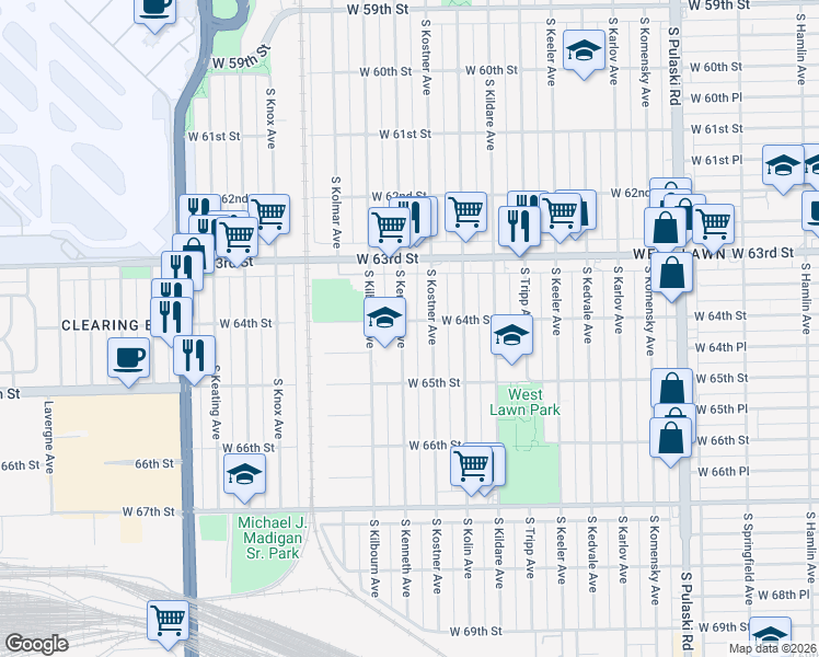 map of restaurants, bars, coffee shops, grocery stores, and more near 6405 South Kenneth Avenue in Chicago