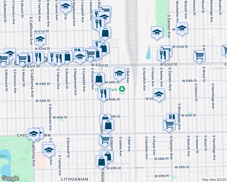 map of restaurants, bars, coffee shops, grocery stores, and more near 6428 South Claremont Avenue in Chicago