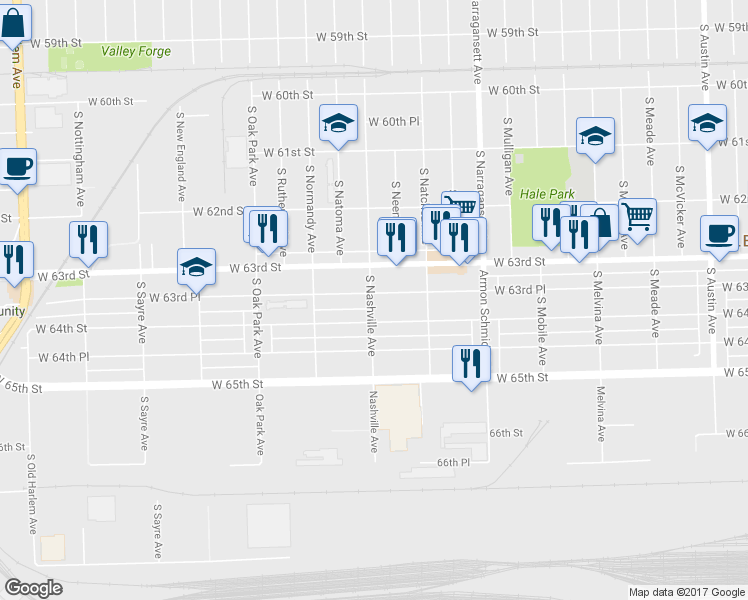 map of restaurants, bars, coffee shops, grocery stores, and more near 6359 South Nashville Avenue in Chicago