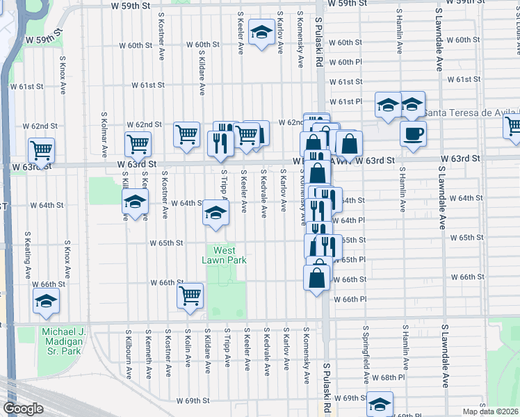 map of restaurants, bars, coffee shops, grocery stores, and more near 6406 South Kedvale Avenue in Chicago