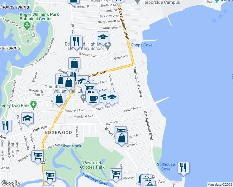 map of restaurants, bars, coffee shops, grocery stores, and more near 107 Columbia Avenue in Cranston