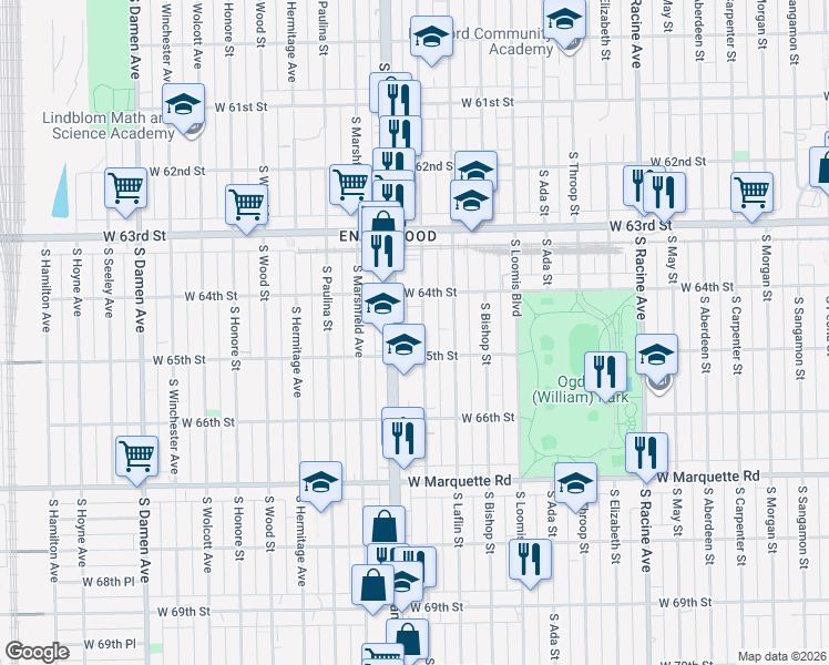 map of restaurants, bars, coffee shops, grocery stores, and more near 6438 South Justine Street in Chicago