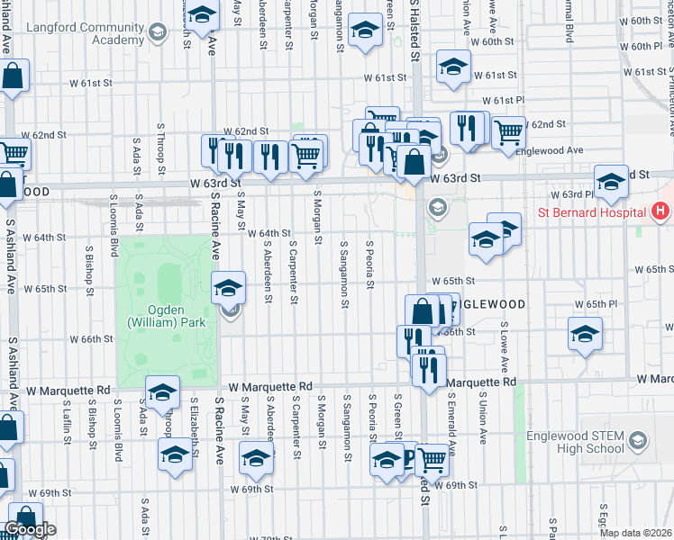 map of restaurants, bars, coffee shops, grocery stores, and more near 6447 South Sangamon Street in Chicago