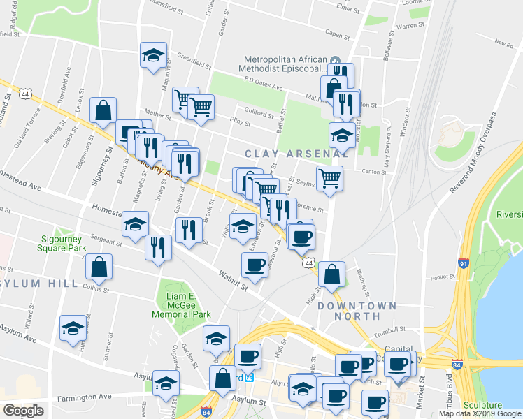 map of restaurants, bars, coffee shops, grocery stores, and more near 254 Albany Avenue in Hartford