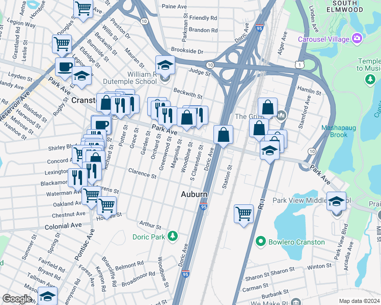 map of restaurants, bars, coffee shops, grocery stores, and more near 158 Woodbine Street in Cranston