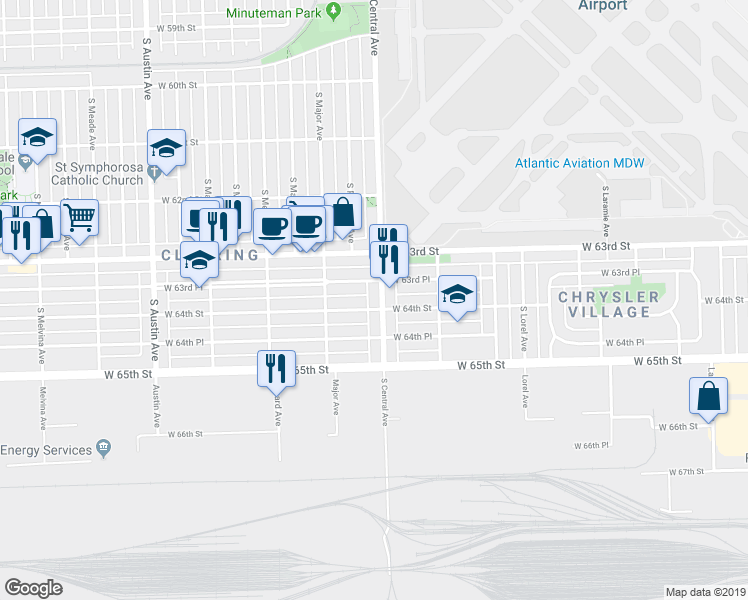 map of restaurants, bars, coffee shops, grocery stores, and more near 6352 South Central Avenue in Chicago