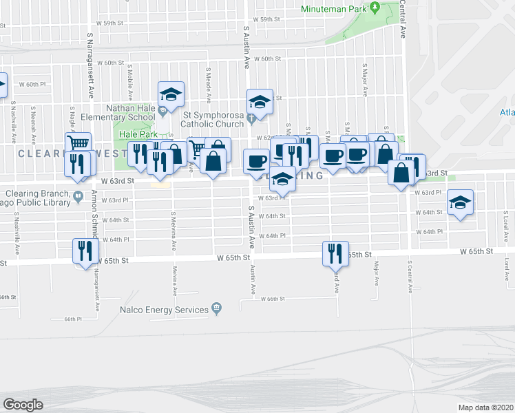map of restaurants, bars, coffee shops, grocery stores, and more near 6347 S Austin Ave in Chicago
