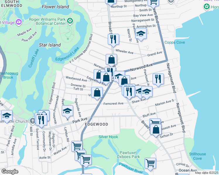 map of restaurants, bars, coffee shops, grocery stores, and more near 12 Graysonia Drive in Cranston
